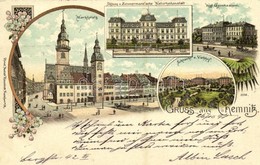 T2 1898 Chemnitz, Marktplatz, Stiftung V. Zimmermann'sche Naturheilanstalt, Kgl. Gymnasium, Schlacht U. Viehhof / Market - Unclassified
