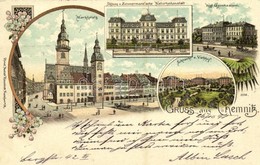 T2 1898 Chemnitz, Marktplatz, Stiftung V. Zimmermann'sche Naturheilanstalt, Kgl. Gymnasium, Schlacht U. Viehhof / Market - Sin Clasificación