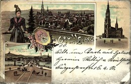 T2 1898 Linz, Maria Empfängnissdom, Donau Brücke U. Urf Mit Pöstlingberg / Cathedral, Bridge, Coat Of Arms. Druck V. Reg - Unclassified