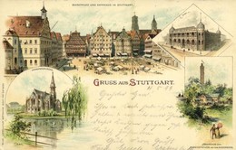 T2 1899 Stuttgart, Marktplatz Und Rathaus, Landesgewerbemuseum, Johanneskirche, Jägerhaus Und Aussichtsturm Auf Dem Hase - Unclassified