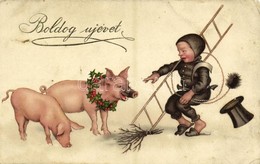 * T4 Boldog Újévet! / New Year Greeting, Chimney Sweeper With Pigs (EM) - Ohne Zuordnung
