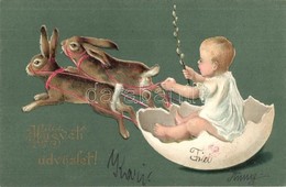 T2 Húsvéti üdvözlet / Easter Greeting Card, Rabbit Sled With Egg Shell, Emb. Litho - Sin Clasificación