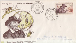 FDC N° 1055 Jean-Henry Fabre (Entomologiste, Loupe Avec Tête De Grillon), Obl. Serignan Du Comtat Le 7/4/56 - 1950-1959