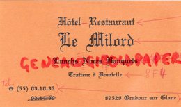 87 - ORADOUR SUR GLANE- RARE CARTE PUB HOTEL RESTAURANT LE MILORD - Reclame