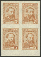 ARGENTINA: GJ.1033P, 5c. José Hernández, IMPERFORATE BLOCK OF 4 Of VF Quality! - Ungebraucht