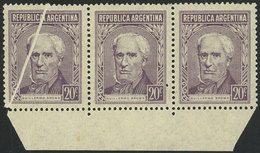ARGENTINA: GJ.1037d, 20c. Brown, Strip Of 3 On Gaufre Paper (papel Gofrado), The Left Example With Notable PAPER FOLD, V - Ungebraucht