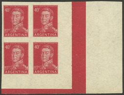 ARGENTINA: GJ.1041P, 40c. San Martín, IMPERFORATE Block Of 4 With Sheet Corner, Fantastic! - Unused Stamps