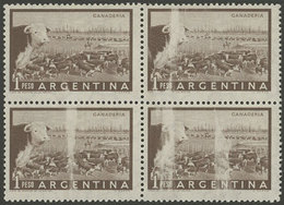 ARGENTINA: GJ.1045, 1P. Cattle, Block Of 4 With Notable White Spots Produced By Lack Of Ink During The Printing Process, - Neufs