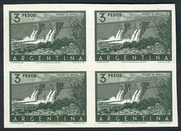 ARGENTINA: GJ.1050 (Sc.638), 3P. El Nihuil Dam, Very Rare TRIAL COLOR PROOF, Block Of 4 Of Excellent Quality! - Neufs