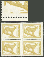 ARGENTINA: GJ.1125B, 50c. Puma Printed On Glazed Paper, Block Of 4, One With Notable UNPRINTED Area In One Corner, VF! - Ongebruikt