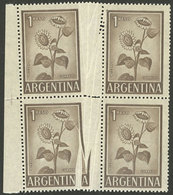 ARGENTINA: GJ.1128, 1P. Sunflower On National Unsurfaced Paper, Block Of 4 With Large FOLD, The Left Stamps Are Much Wid - Unused Stamps