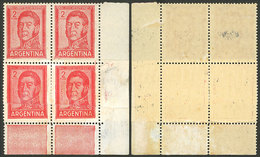 ARGENTINA: GJ.1132, 2P. San Martín Typographed (large Size), Block Of 4 With Spectacular END-OF-ROLL DOUBLE PAPER, VF! - Neufs