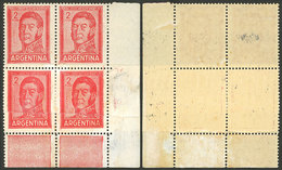 ARGENTINA: GJ.1132, 2P. San Martín Typographed (large Size), Block Of 4 With Spectacular END-OF-ROLL DOUBLE PAPER, VF! - Nuovi