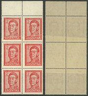 ARGENTINA: GJ.1133, 2P. San Martín, Block Of 6 With End-of-roll Double Paper Variety, Excellent Quality! - Nuovi