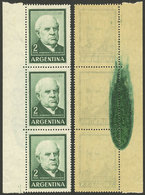 ARGENTINA: GJ.1135, 2P. Sarmiento On Unsurfaced Paper, Strip Of 3 With Large Ink Smear On Back, VF And Rare! - Neufs