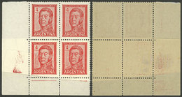 ARGENTINA: GJ.1139, 4P. San Martin Typographed And Printed On Unsurfaced Paper, Corner Block Of 4 With Notable END-OF-RO - Neufs