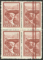 ARGENTINA: GJ.1142, 10P. Incan Bridge, Block Of 4, The Right Stamps With Notable Vertical Color Lines, VF! - Neufs