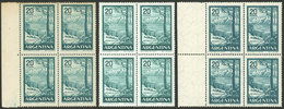 ARGENTINA: GJ.1145 + 1145A + 1145B, 20P. Nahuel Huapí Lake, Blocks Of 4 Printed On Imported Unsurfaced, National Unsurfa - Neufs