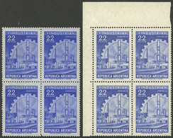 ARGENTINA: GJ.1146, 22P. Industry, 2 Blocks Of 4 On Normal And BLUISH Paper, VF Quality! - Neufs