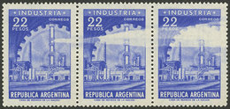 ARGENTINA: GJ.1146, 22P. Industry In Photogravure, Strip Of 3 With Large White Spot Due To Lack Of Ink During The Printi - Neufs