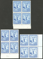 ARGENTINA: GJ.1148B, 100P. Skier, Blocks Of 4 Printed On 3 Different National Chalky Papers: NN, FF And FN, MNH, Very Fi - Neufs