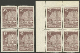 ARGENTINA: GJ.1316, 45P. Industry In Offset, 2 Blocks Of 4, With Vertical (rare) And Horizontal Curling Axis, VF Quality - Ongebruikt