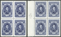 ARGENTINA: GJ.1318, 2 Blocks Of 4 From Very Different Printings, On FN Paper (UV Neutral On Back) And FF Paper (fluoresc - Nuevos