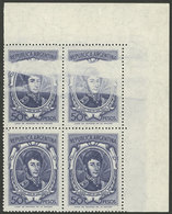 ARGENTINA: GJ.1318A, 50P. San Martín On Unsurfaced Paper, Block Of 4 With Large Unprinted Area In The Top Stamps, Excell - Unused Stamps