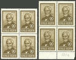 ARGENTINA: GJ.1320A + 1320Aa, 90P. Brown, Blocks Of 4 Printed On SOFT Imported Unsurfaced Paper And HARD Imported Unsurf - Nuevos