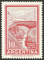 ARGENTINA: GJ.1498, 1969/71 10P. Incan Bridge WITH WATERMARK Round Sun, MNH, VF Quality, Rare! - Neufs