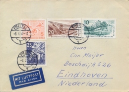 Germany DDR 1957 Airmail Cover To Netherlands With Coal Mines 10 Pf. + 20 Pf. + 25 Pf. + Cycling Race 5 Pf. - Usines & Industries