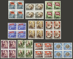 EAST GERMANY: Yvert 80/89, 1953 Karl Marx, Cmpl. Set Of 10 Values In Used Blocks Of 4, Excellent Quality! - Andere & Zonder Classificatie