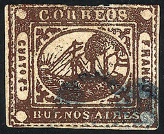 ARGENTINA: GJ.9A, 4Rs. Chocolate, Type 17 On The Kneitschel Reconstruction, Used With Blue Ponchito Cancel Of San Nicolá - Buenos Aires (1858-1864)