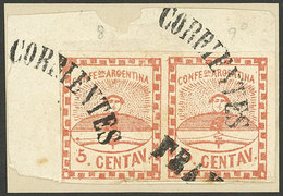 ARGENTINA: GJ.1, Pair On Small Fragment With Complete Cancels Of CORRIENTES In Small Arch, Also Straightline FRANCA Canc - Andere & Zonder Classificatie