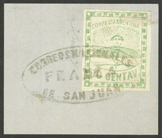 ARGENTINA: GJ.2, 10c. Green On Large Fragment With Ellipse SAN JUAN Cancel In Light Gray (+500%), Signed By Victor Kneit - Autres & Non Classés