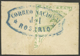 ARGENTINA: GJ.2BID, 10c. Bisect Used As 5c., On Fragment With Biconcave ROSARIO Cancel In Blue (+400%), VF Quality! - Other & Unclassified