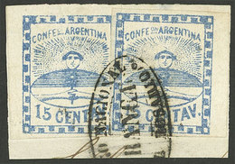 ARGENTINA: GJ.3, 15c. Blue, 2 Examples On Fragment With Cancel Of ROSARIO, Excellent Quality, Very Rare! - Otros & Sin Clasificación