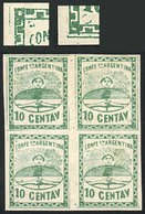 ARGENTINA: GJ.5A, 10c. Large Figures, Dark Green, Handsome Block Of 4, The Lower Left Stamp With Marks Of The Nails That - Other & Unclassified