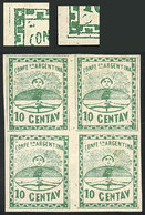 ARGENTINA: GJ.5A, 10c. Large Figures, Dark Green, Handsome Block Of 4, The Lower Left Stamp With Marks Of The Nails That - Andere & Zonder Classificatie