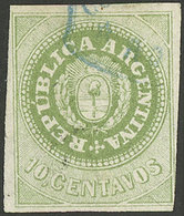 ARGENTINA: GJ.8Ab, 10c. OLIVE Green, With Variety "8 Cut Angles", Used With Light Rosario Cancel, Very Rare!" - Otros & Sin Clasificación