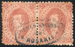 ARGENTINA: GJ.19, 1st Or 2nd Printing, Horizontal PAIR With Complete Cancel Of Rosario (blue Ellipse), Light Stain Spots - Autres & Non Classés