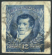 ARGENTINA: GJ.144P, 12c. Blue With Small Sun Wmk, IMPERFORATE, Used, VF Quality, Rare! - Altri & Non Classificati