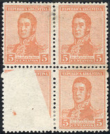 ARGENTINA: GJ.462, Block Of 4, One Stamp PARTIALLY UNPRINTED, Rare! - Other & Unclassified