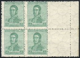ARGENTINA: GJ.546CD, 1922 3c. San Martín With Large Sun Wmk, Block Of 4 With LABELS AT RIGHT, MNH (+50%), Excellent! - Andere & Zonder Classificatie