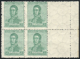 ARGENTINA: GJ.546CD, 1922 3c. San Martín With Large Sun Wmk, Block Of 4 With LABELS AT RIGHT, MNH (+50%), Excellent! - Autres & Non Classés