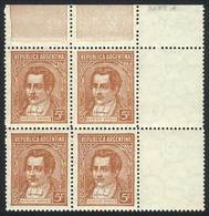 ARGENTINA: GJ.795EV, 5c. Moreno, Block Of 4 With White Labels At Right From The Gutter, With Sheet Margin At Top, Mint N - Autres & Non Classés