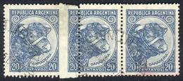 ARGENTINA: GJ.873, 1942/52 20c. Bull Small Size, Used Strip Of 3 With VARIETY: Perforation Of The Center Stamp Very Shif - Autres & Non Classés