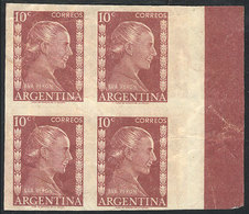 ARGENTINA: GJ.1005, Eva Perón 10c., PROOF In The Issued Color, Imperforate Block Of 4 Printed On Paper, On Back It Bears - Autres & Non Classés