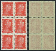 ARGENTINA: GJ.1006A, 1952 20c. Eva Perón, Printed On National Unsurfaced Paper, Block Of 6, The Right Examples With VERT - Sonstige & Ohne Zuordnung