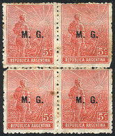 ARGENTINA: GJ.127, 1912 5c. Plowman, German Paper With HORIZONTAL Honeycomb Watermark, M.G. Overprint, Extremely Rare Mi - Dienstzegels